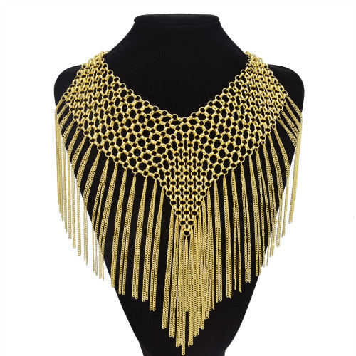 N-7467 Punk Metal Chain Tassel Necklace for Women Gold Weaved Pendant  Choker Chain Necklaces