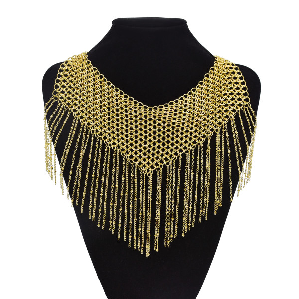 N-7467 Punk Metal Chain Tassel Necklace for Women Gold Weaved Pendant Choker Chain Necklaces