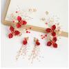F-0817  Handmade Red Flower Hairpins & Earrings Sets Bridal Headpiece Wedding Hair Jewelry Accessories