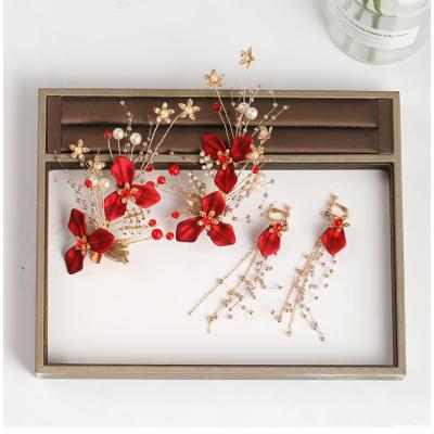 F-0817  Handmade Red Flower Hairpins & Earrings Sets Bridal Headpiece Wedding Hair Jewelry Accessories