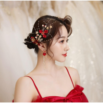 F-0817  Handmade Red Flower Hairpins & Earrings Sets Bridal Headpiece Wedding Hair Jewelry Accessories