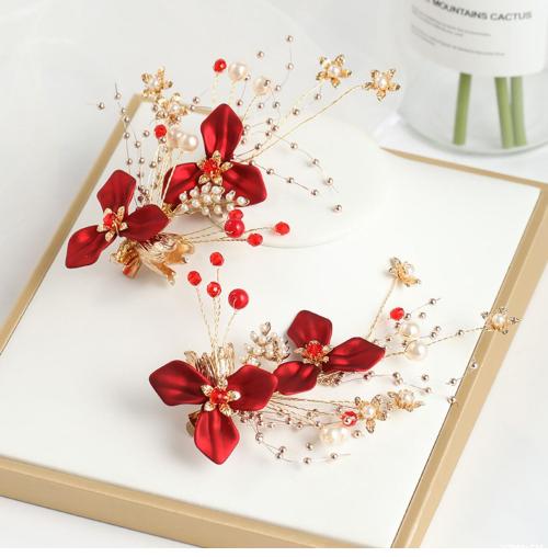 F-0817  Handmade Red Flower Hairpins & Earrings Sets Bridal Headpiece Wedding Hair Jewelry Accessories