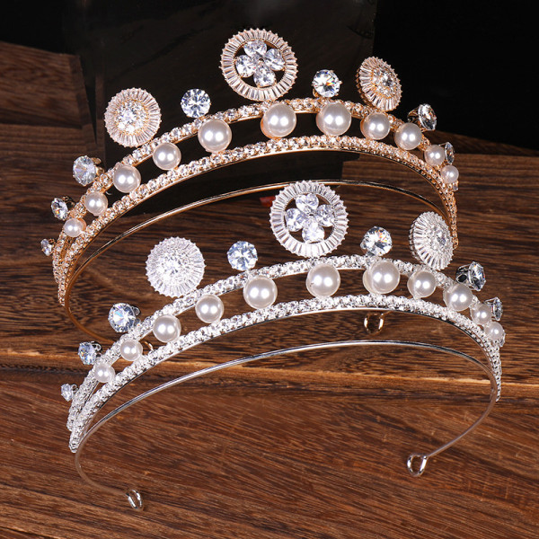 F-0852 Luxury Bridal Pearl Headband Shiny Crystal Rhinestones Gold Silver Tiara Queens Princess Crown for Women Girls Wedding Birthday Jewelry