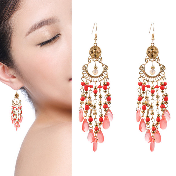 E-6025 Fashion Bohemian Personality Beaded Tassel Exaggerated Crystal Teardrop Earrings For Woman Girls Party Jewelry