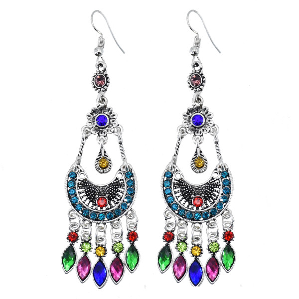 E-6032 Vintage Bohemian Ethnic Dangle Earrings for Women Colorful Rhinestone Tassel Gypsy Earrings