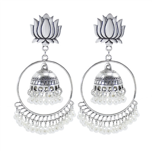 E-6034 Vintage Silver Alloy Lotus Pearl Tassel Drop Dangle Earrings for Women Bohemian Indian Party Jewelry