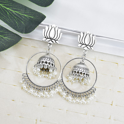 E-6034 Vintage Silver Alloy Lotus Pearl Tassel Drop Dangle Earrings for Women Bohemian Indian Party Jewelry