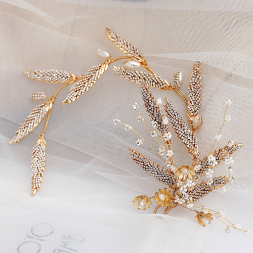 F-0855 Bridal Hairpiece Hair Accessories with Earrings Rhinestone Gold Leaf Headband for  Wedding Birthday
