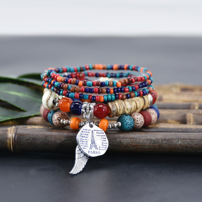 B-1096 5Pcs/Set Bohemian Acrylic Beads Wings Tassel Statement Bracelets for Women Ethnic Party Jewelry