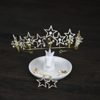 F-0856 Romantic Crystal Pearl Star Shape Crowns & Earrings Sets for Women Bridal Wedding Hair Accessories