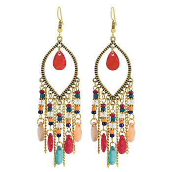 E-6041 Bohemian Beaded Tassel Dangle Earrings for Women Colorful Rhinestone Tassel Drop Earrings