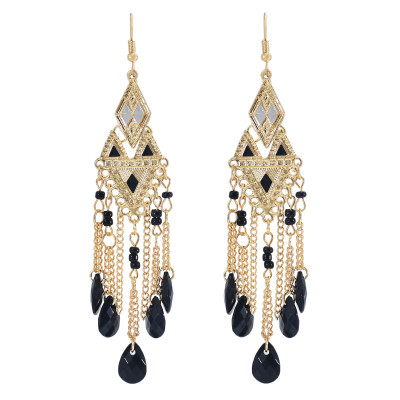 E-6043 Vintage Gold Tassel Dangle Earrings for Women Colorful Beads Rhinestone Boho Tassel Drop Earrings