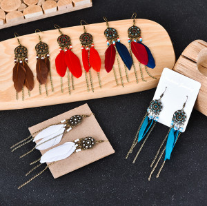 E-6047 Ethnic Bohemian Feather Drop Earrings for Women Resin Beads Long Tassel Earring Party Jewelry Gift