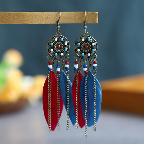 E-6047 Ethnic Bohemian Feather Drop Earrings for Women Resin Beads Long Tassel Earring Party Jewelry Gift