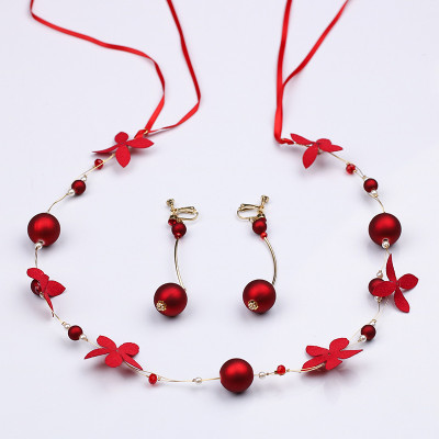 F-0862 Fashion hot sale red pearl flower headband earrings set toast dress headdress bridal jewelry