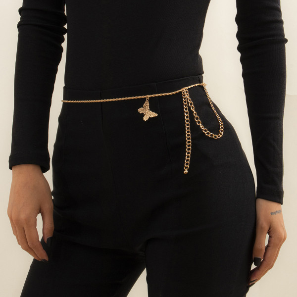 N-7475 Butterfly Pendant Waist Chain  for Women Gold Silver Body Chain Minimalist Body Belt Dance Party