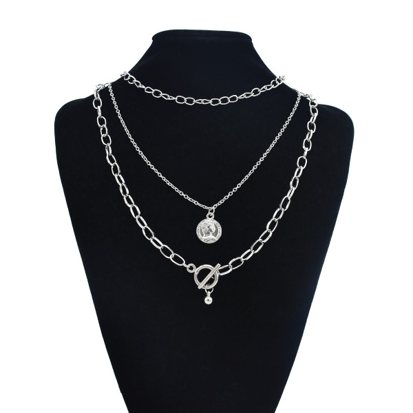 N-7486 Punk Silver Color Multilayers Long Chain Women Hip Hop Coin Bells Pendant Necklaces Party Jewelry