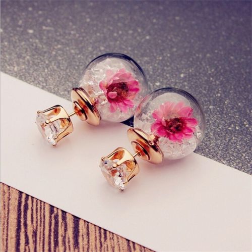 E-6072 Glass Ball Ear Stud Rhinestone Flower Double Face Stud Earrings for Girls