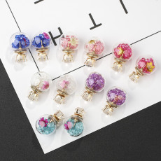 E-6072 Glass Ball Ear Stud Rhinestone Flower Double Face Stud Earrings for Girls