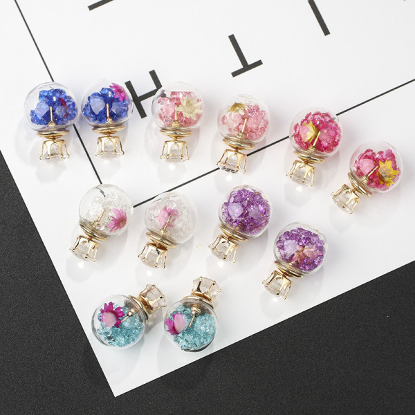 E-6072 Glass Ball Ear Stud Rhinestone Flower Double Face Stud Earrings for Girls