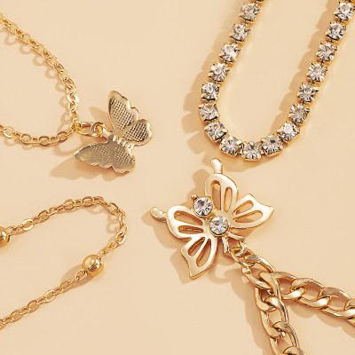 B-1104 4Pcs/Set Rhinestone Butterfly Metal Link Chain Anklets for Women Foot Bracelet Summer Beach Jewelry