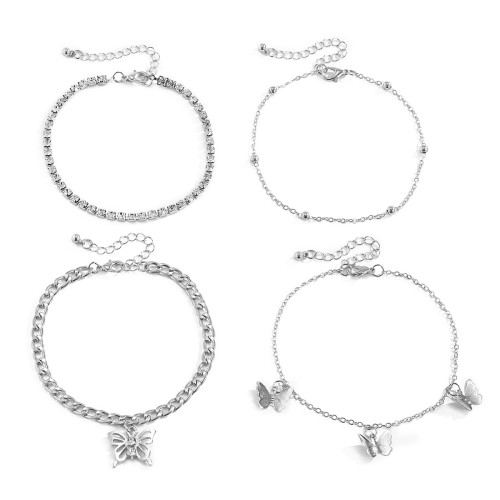 B-1104 4Pcs/Set Rhinestone Butterfly Metal Link Chain Anklets for Women Foot Bracelet Summer Beach Jewelry