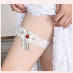 N-7500 New Design Ruby Crystal Bridal Garters Rhinestone White Lace Garters for Wedding Accessories