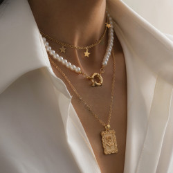N-7510 Layered Artificial Pearl Choker Necklaces for Women Star Rose Pendant Necklace Link Chain
