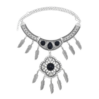 N-7512 Vintage Silver Metal Black Stone Geometric Leaf Pendant Necklaces for Women Bohemian Tribal Jewelry Gift