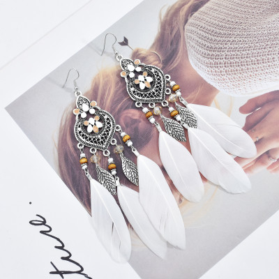 E-6077 Bohemian Metal Leaf Shape Feather Pendant Earrings Silver Metal Hollow Carved Fashion Earrings