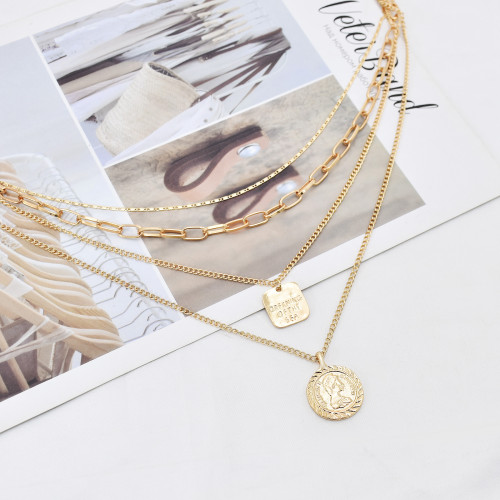 N-7519 Layered Gold Silver Link Choker Necklaces for Women Star Coin Pendant Necklace Link Chain