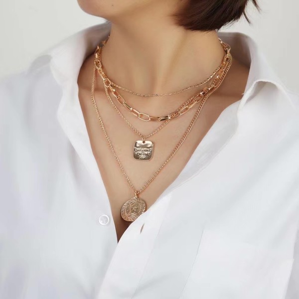 N-7519 Layered Gold Silver Link Choker Necklaces for Women Star Coin Pendant Necklace Link Chain