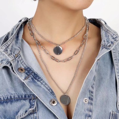 N-7520 Layered Gold Silver Link Choker Necklaces for Women Star Coin Pendant Necklace Link Chain