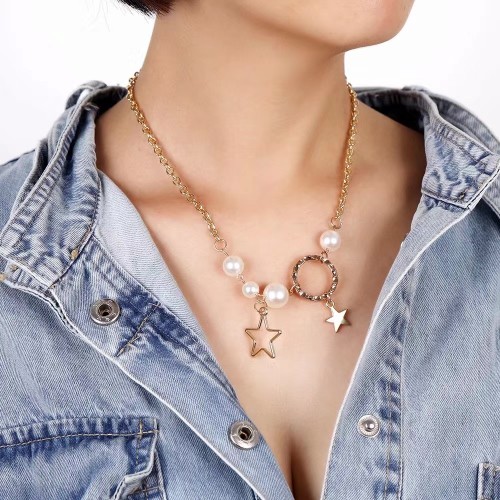 N-7521 4Styles Multilayers Pearl Star Geometric Gold Chain Necklaces for Women Bohemian Party Jewelry Gift