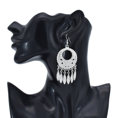 E-6083 Bohemian silver metal carved water drop shape tassel earrings ethnic silver jewelry accessories