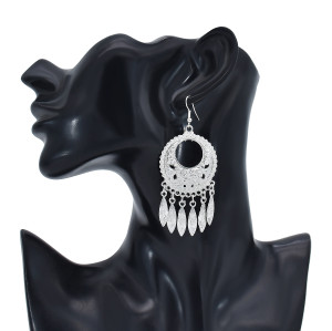 E-6083 Bohemian silver metal carved water drop shape tassel earrings ethnic silver jewelry accessories
