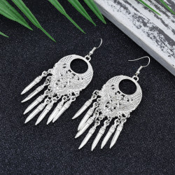E-6083 Bohemian silver metal carved water drop shape tassel earrings ethnic silver jewelry accessories
