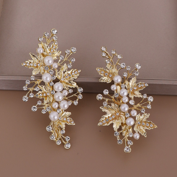 F-0876 A pair of European and American hot-selling leaf pearl hairpin bridal rhinestone hairpin headdress set