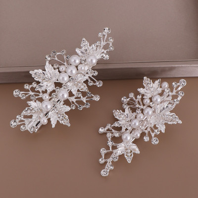 F-0876 A pair of European and American hot-selling leaf pearl hairpin bridal rhinestone hairpin headdress set