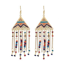 E-6085 Ethnic Bohemian Geometric Resin Beads Long Tassel Drop Earrings for Women Handmade Party Jewelry