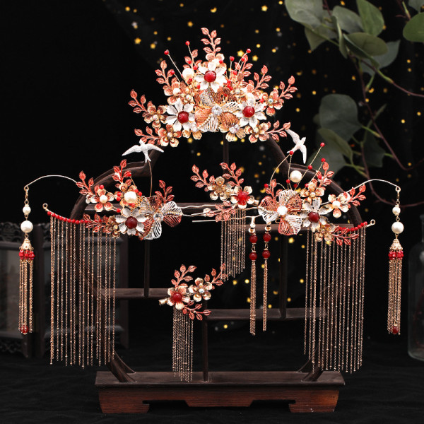 F-0868 Red Chinese Wedding Bridal Hair Ornaments Branch-shaped Long Tassel Wedding Dress Accessories
