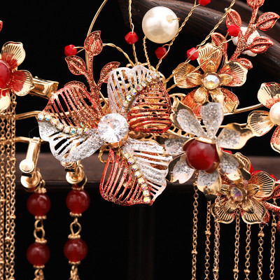 F-0868 Red Chinese Wedding Bridal Hair Ornaments Branch-shaped Long Tassel Wedding Dress Accessories