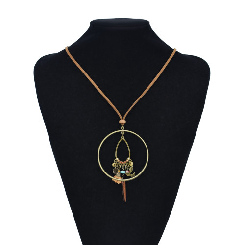N-7527 Bohemian style vintage bronze flower and bird turquoise pendant brown suede chain necklace earrings jewelry set