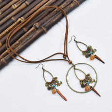 N-7527 Bohemian style vintage bronze flower and bird turquoise pendant brown suede chain necklace earrings jewelry set