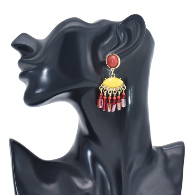 E-6102 European and American ethnic style alloy inlaid resin eye shape rice beads long tassel earrings retro design cold wind jewelry