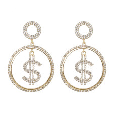 E-6104 Fashion Rhinestone Dollar Dangle Earrings for Women Gold Silver Big Round Hoop Earrings Party Jewelry Gift