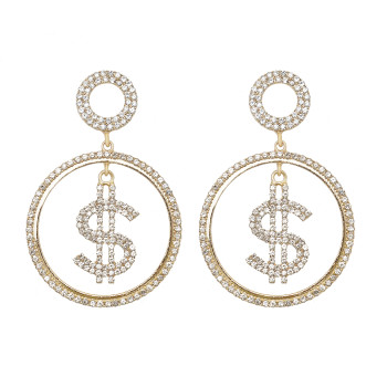 E-6104 Fashion Rhinestone Dollar Dangle Earrings for Women Gold Silver Big Round Hoop Earrings Party Jewelry Gift