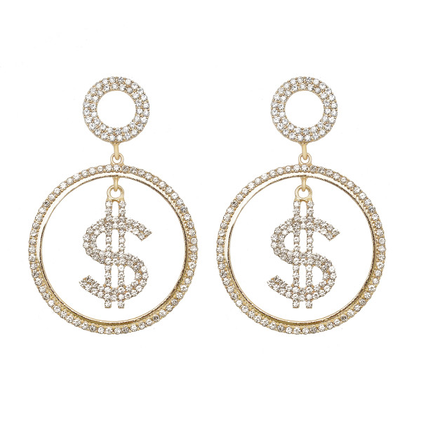 E-6104 Fashion Rhinestone Dollar Dangle Earrings for Women Gold Silver Big Round Hoop Earrings Party Jewelry Gift