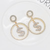 E-6104 Fashion Rhinestone Dollar Dangle Earrings for Women Gold Silver Big Round Hoop Earrings Party Jewelry Gift