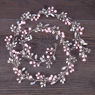 F-0877 Romantic Pink Pearl Crystal Headbands for Bridal Handmade Wedding Engagement Hair Accessories